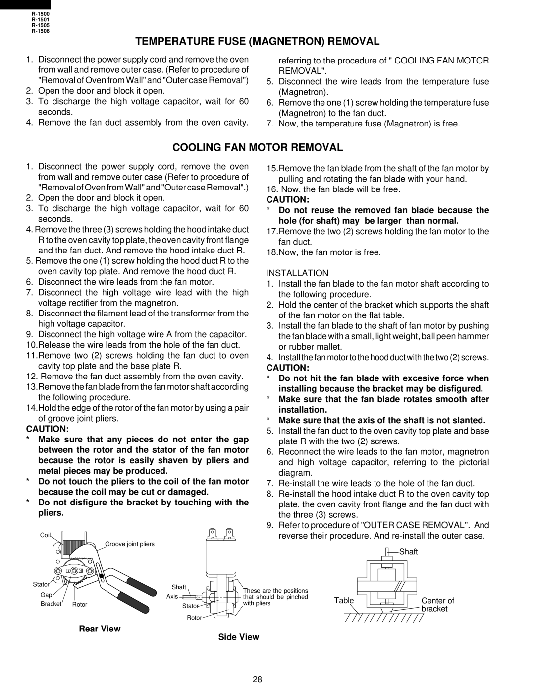 Sharp R-1501, R-1500, R-1505, R-1506 service manual Temperature Fuse Magnetron Removal, Cooling FAN Motor Removal 