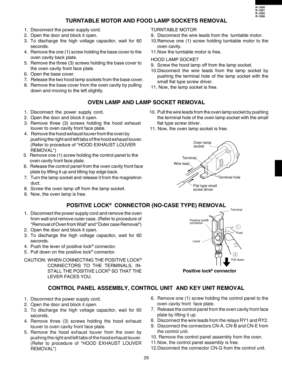 Sharp R-1506 Turntable Motor and Food Lamp Sockets Removal, Oven Lamp and Lamp Socket Removal, Positive lock connector 