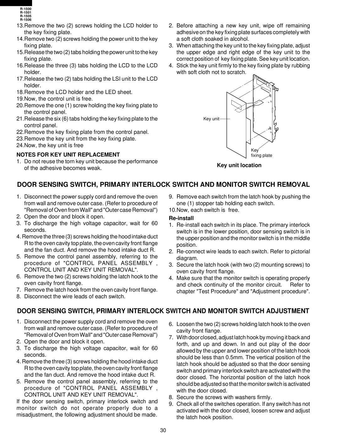 Sharp R-1500, R-1505, R-1501, R-1506 service manual Key unit location, Control Unit and KEY Unit Removal 