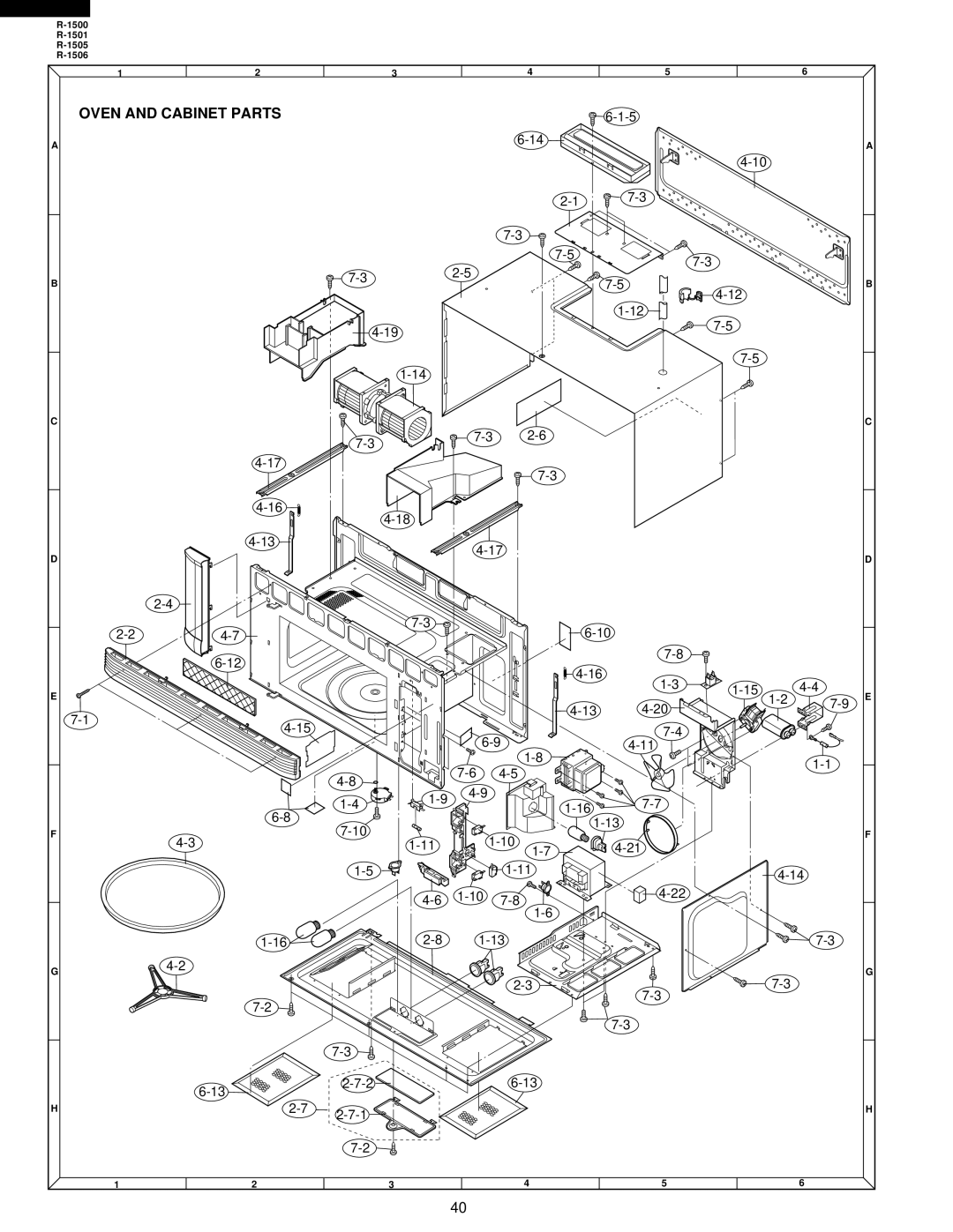 Sharp R-1501, R-1500, R-1505, R-1506 service manual Oven and Cabinet Parts 