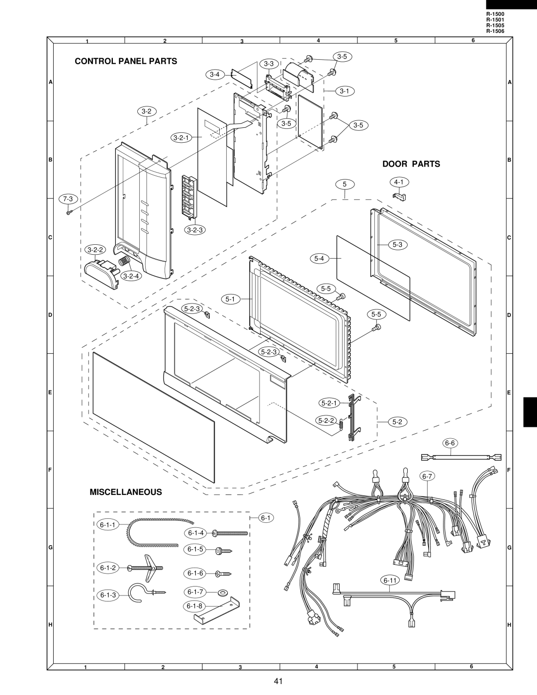 Sharp R-1506, R-1500, R-1505, R-1501 service manual Control Panel Parts Door Parts Miscellaneous 