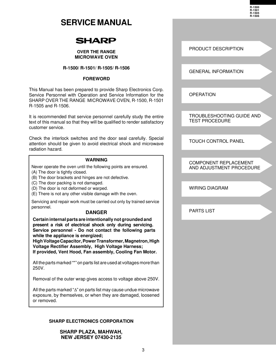 Sharp R-1500 service manual Sharp PLAZA, Mahwah, Over the Range Microwave Oven, 1500/ R-1501/ R-1505/ R-1506, Foreword 