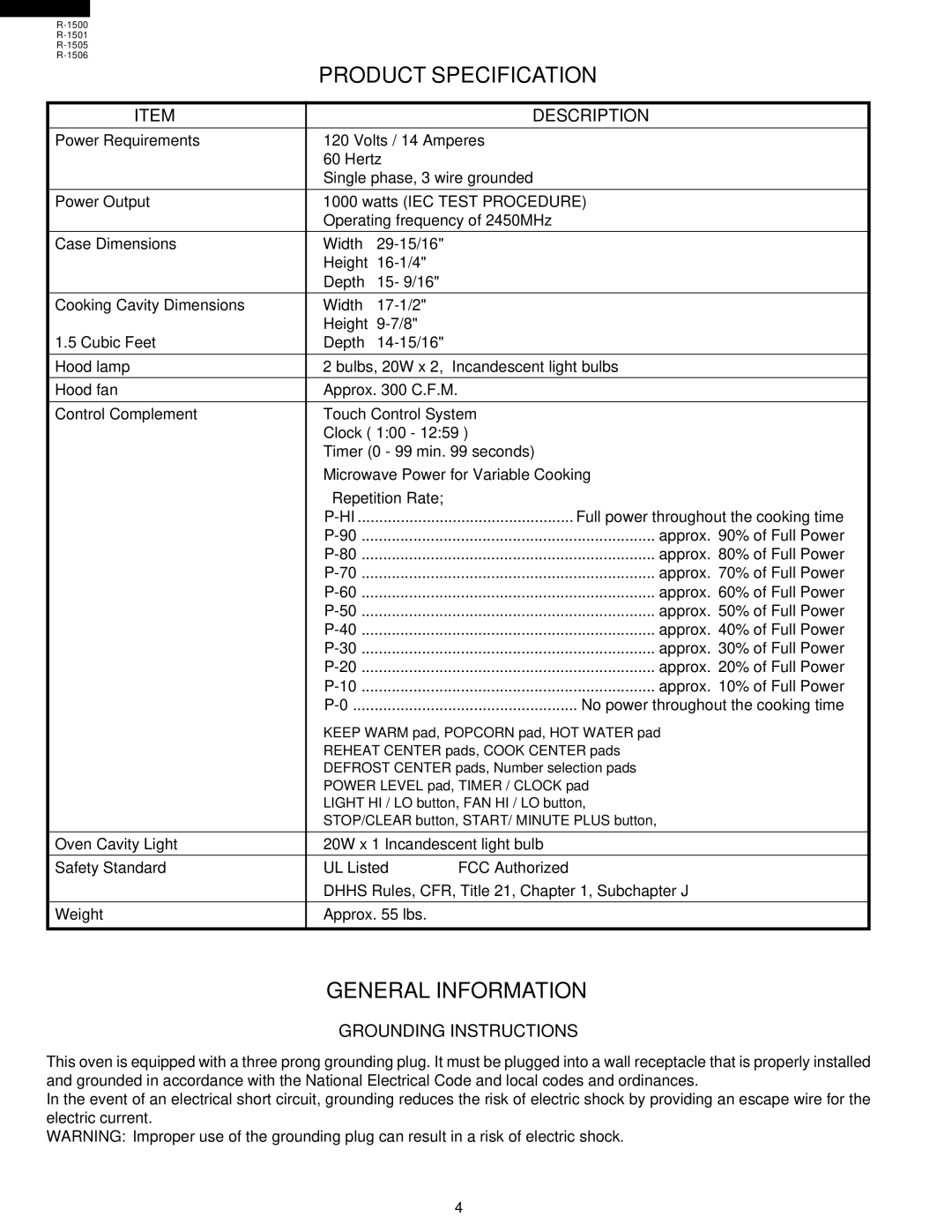 Sharp R-1501, R-1500, R-1505, R-1506 Product Specification, General Information, Description, Grounding Instructions 