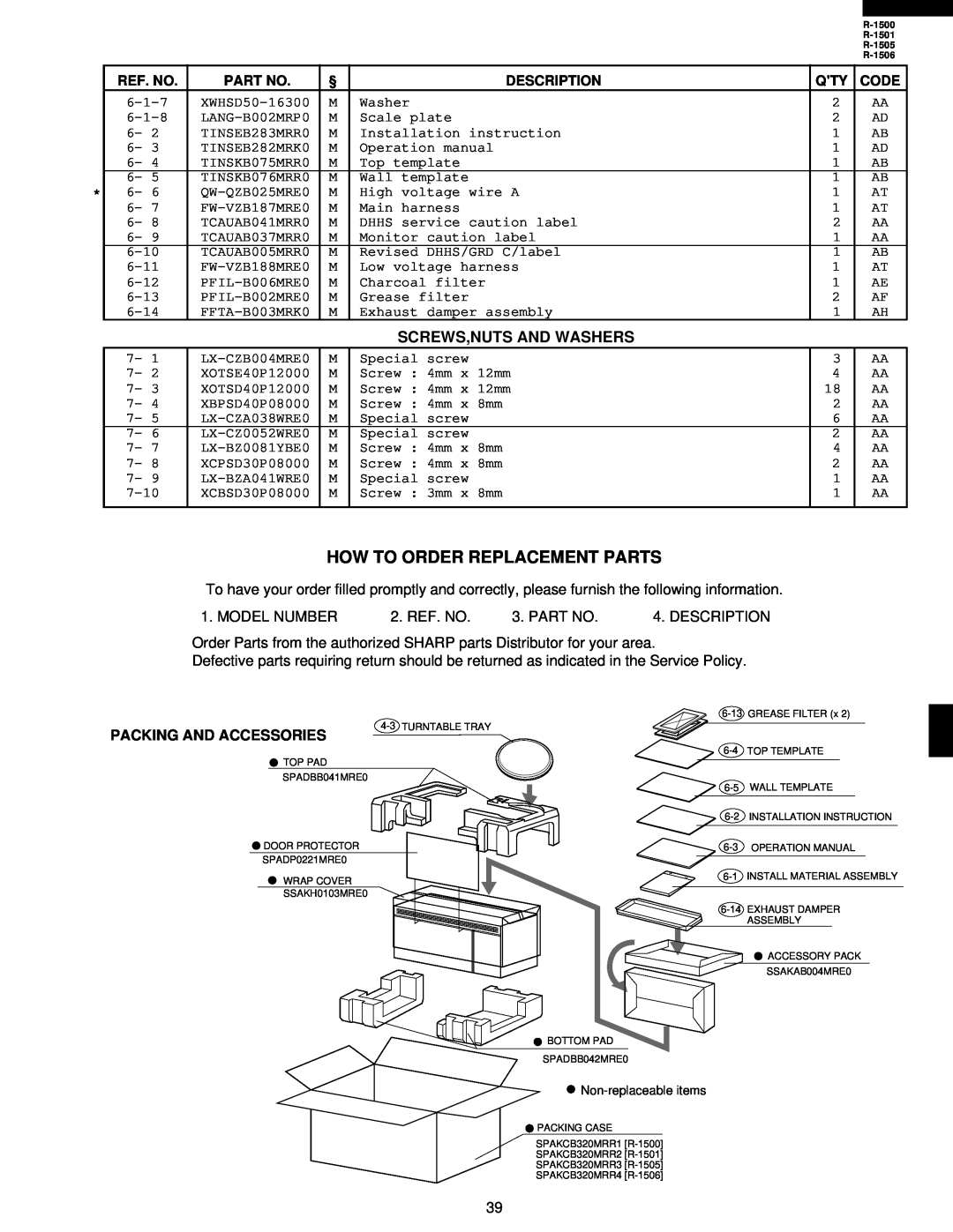 Sharp R-1505 How To Order Replacement Parts, Screws,Nuts And Washers, Packing And Accessories, Ref. No, Description, Code 