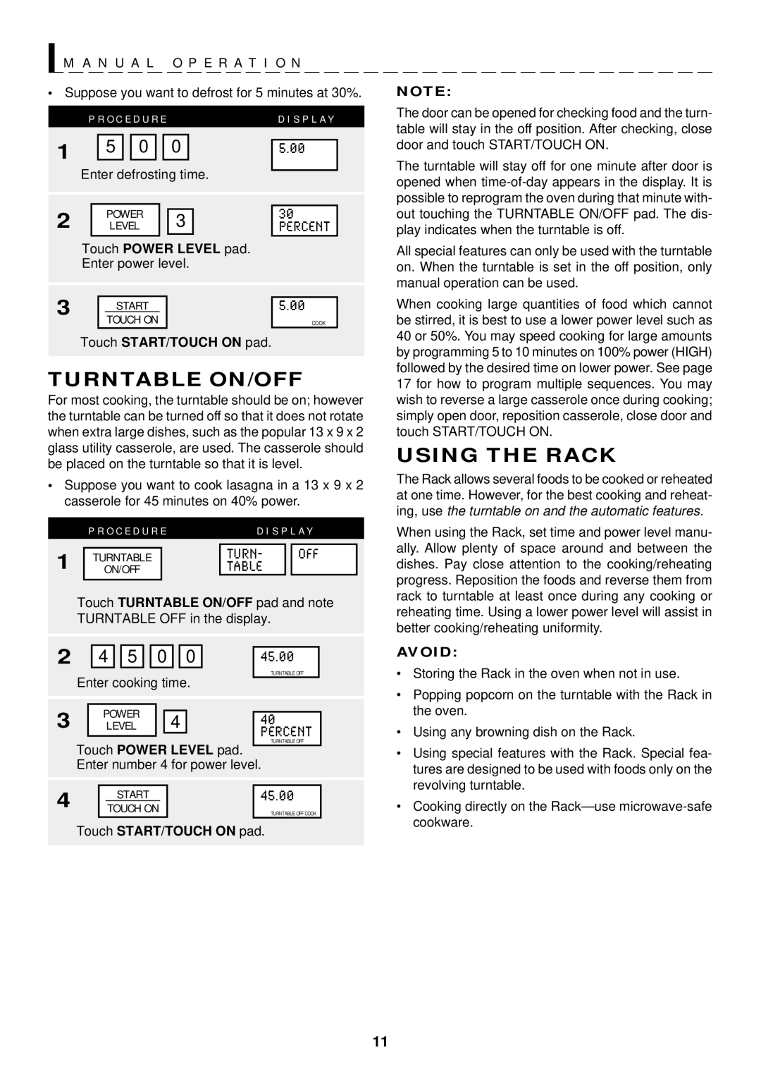 Sharp R-1602, R-1601, R-1600 operation manual Turntable ON/OFF, Using the Rack, Touch Power Level pad 