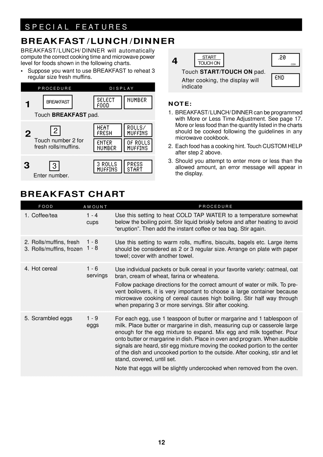 Sharp R-1600, R-1601, R-1602 E C I a L F E a T U R E S, Breakfast/Lunch/Dinner, Breakfast Chart, O C E D U R E 