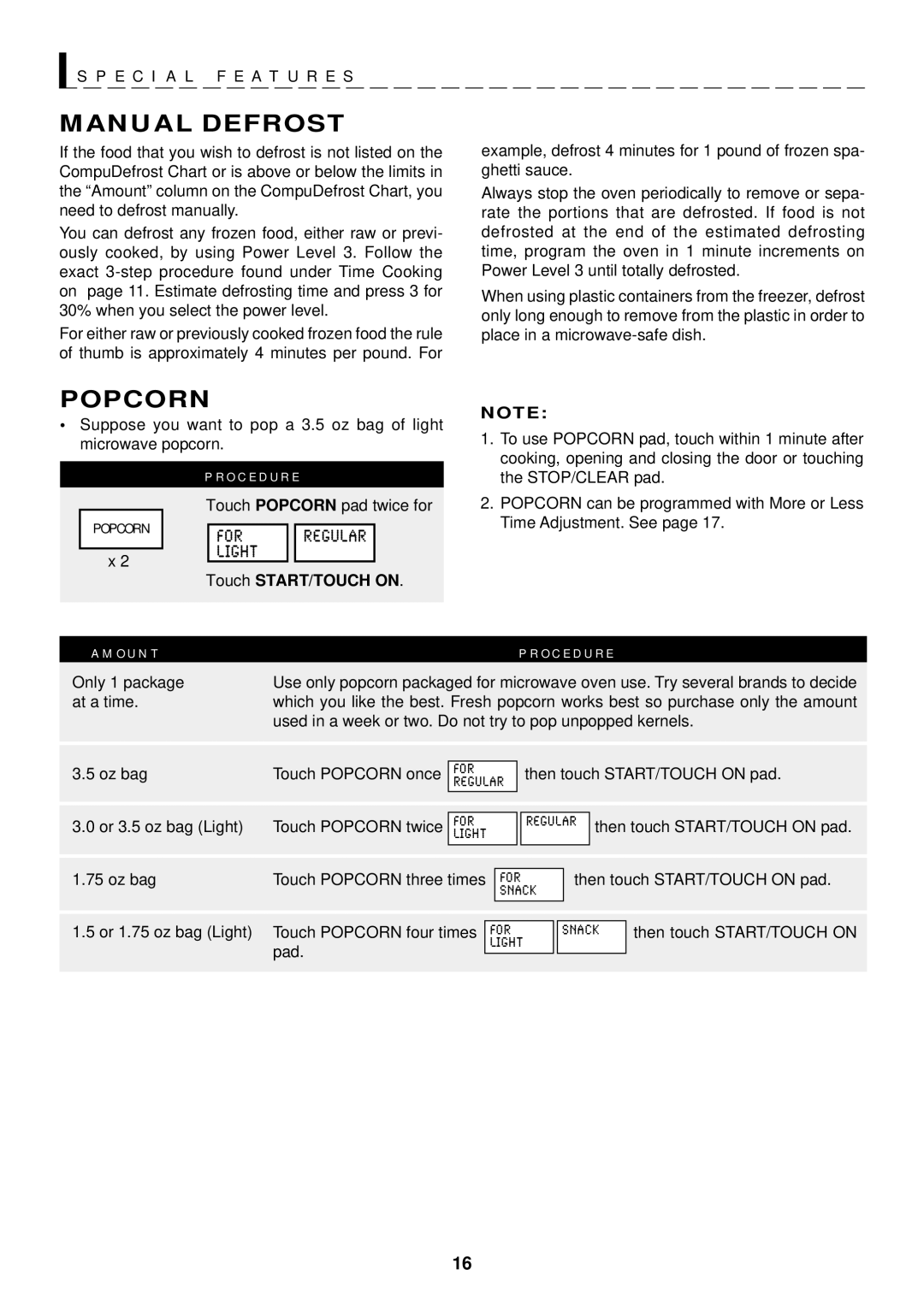 Sharp R-1601, R-1602, R-1600 operation manual Manual Defrost, Popcorn, O U N T O C E D U R E, Touch START/TOUCH on 