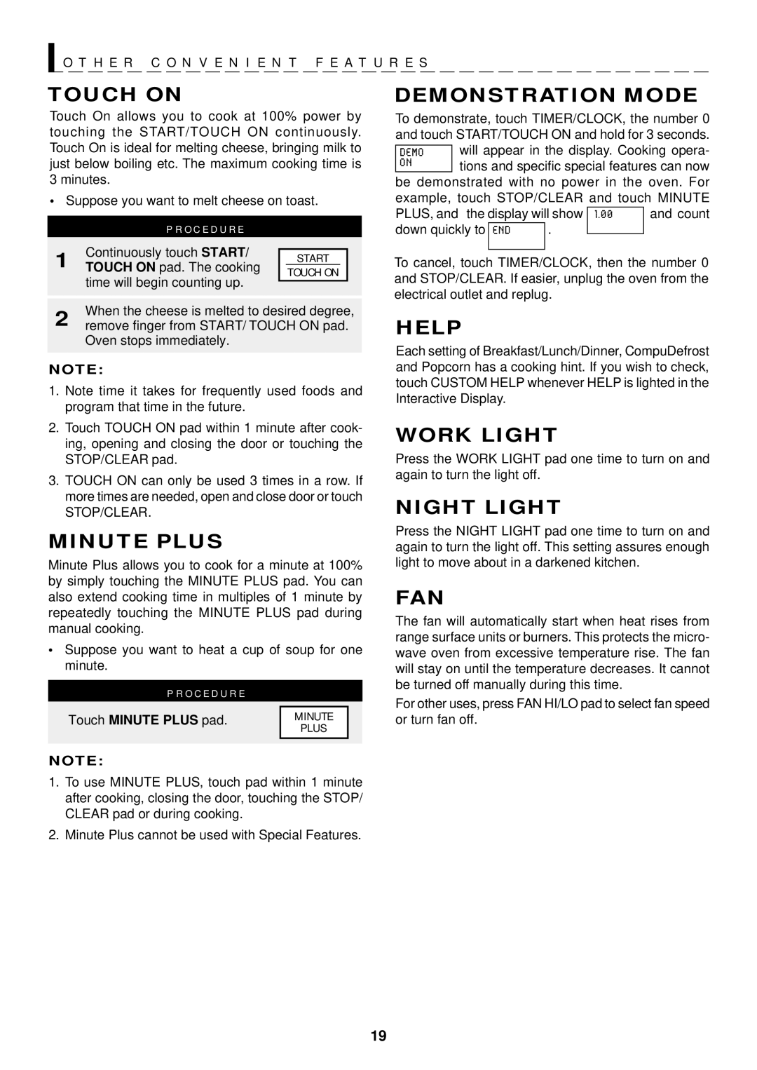 Sharp R-1601, R-1602, R-1600 operation manual Touch on, Minute Plus, Demonstration Mode, Help, Work Light, Night Light, Fan 