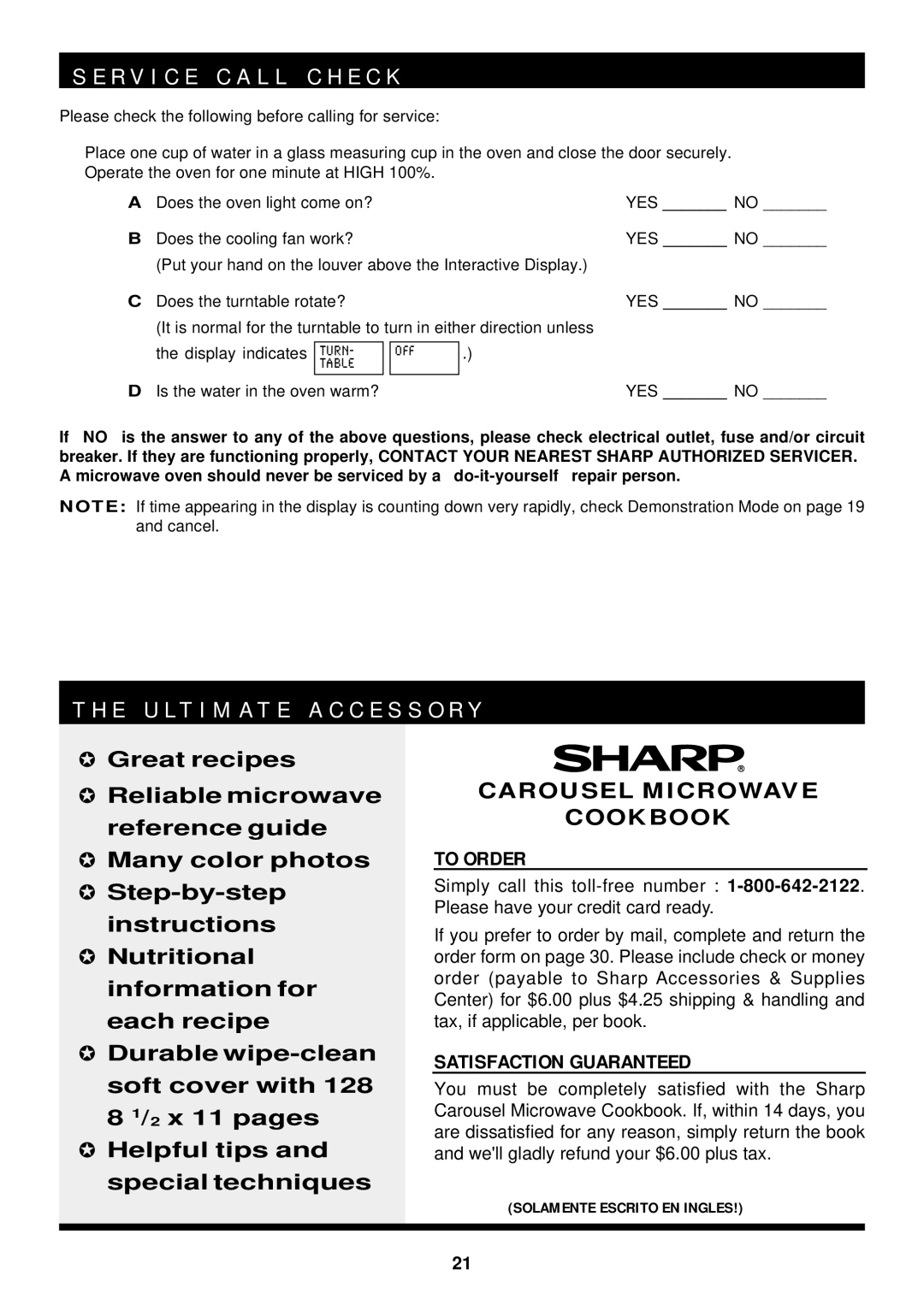 Sharp R-1600, R-1601, R-1602 operation manual R V I C E C a L L C H E C K, E U L T I M a T E a C C E S S O R Y 