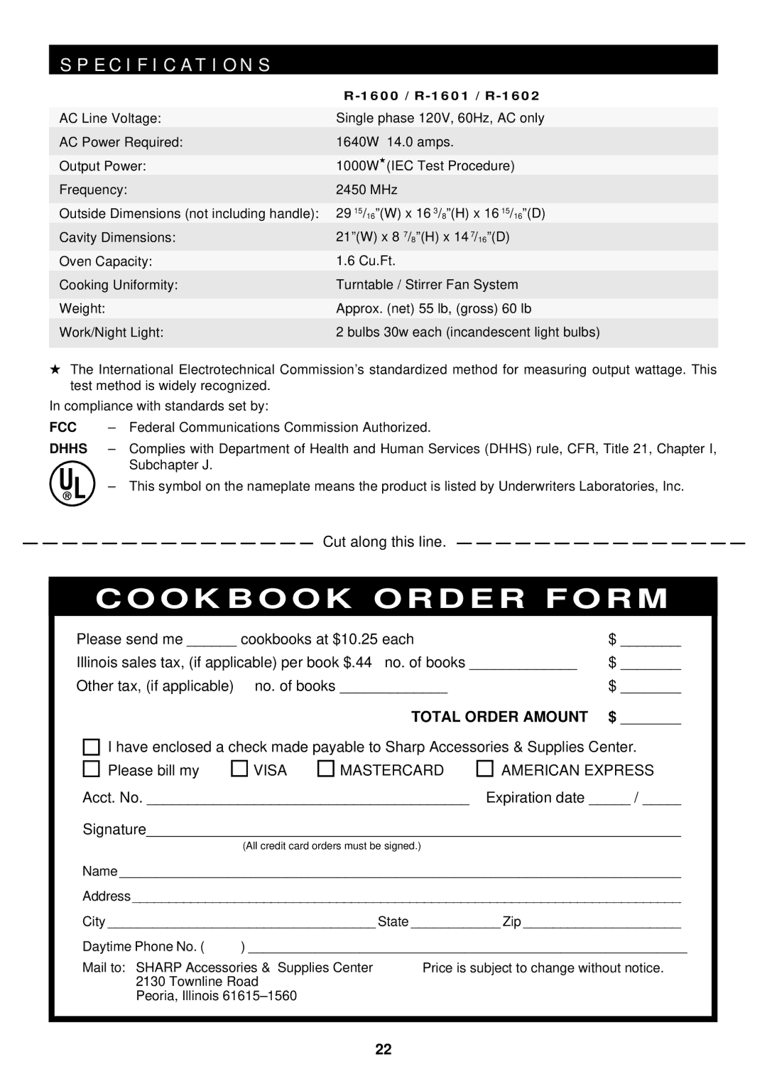 Sharp R-1601, R-1602, R-1600 operation manual Specification S, Dhhs 