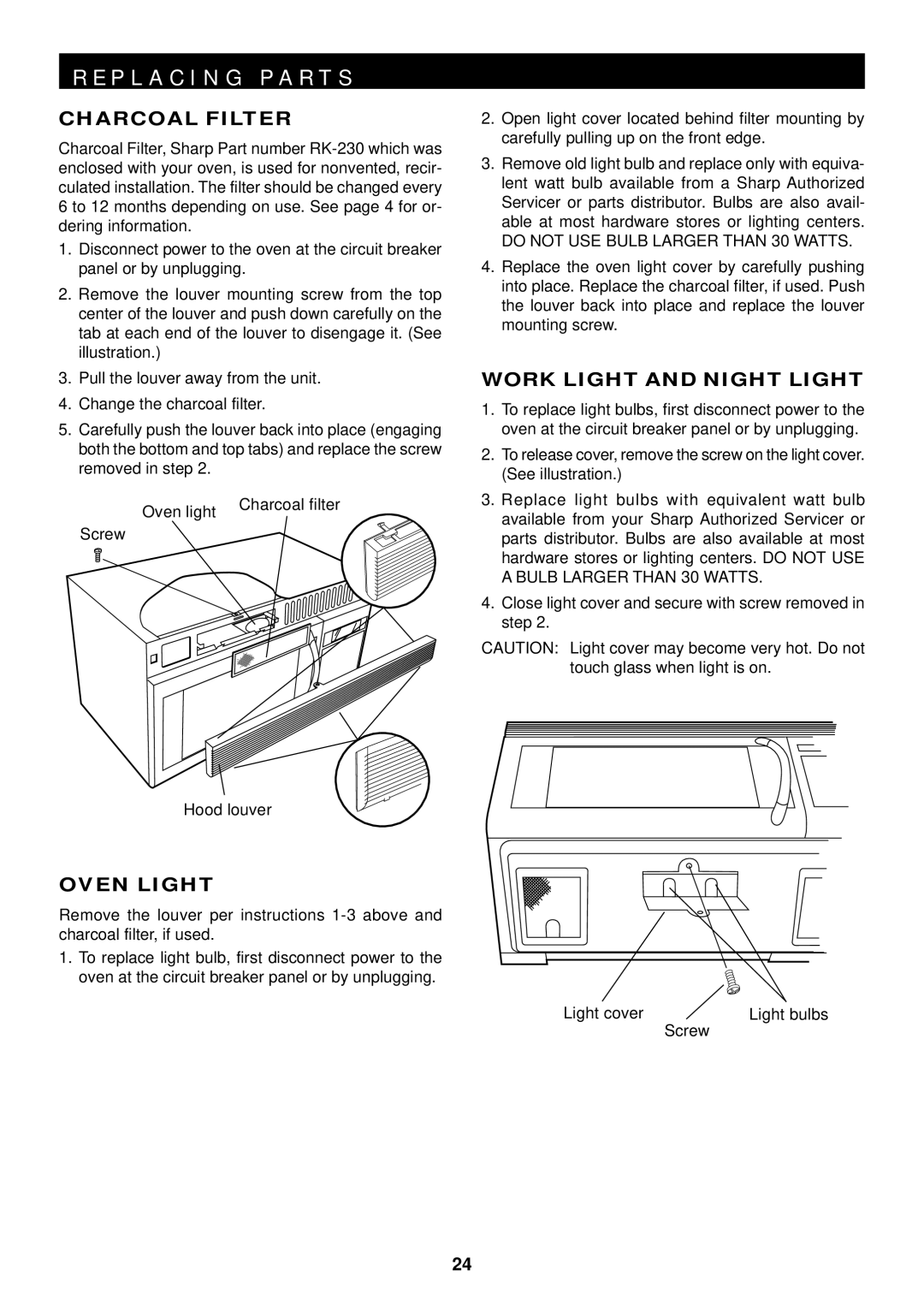 Sharp R-1600, R-1601, R-1602 operation manual P L a C I N G P a R T S, Charcoal Filter 