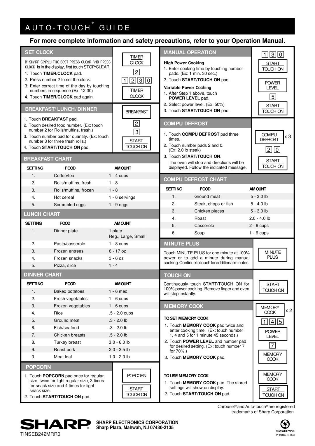 Sharp R-1602, R-1601, R-1600 operation manual T O T O U C H G U I D E 