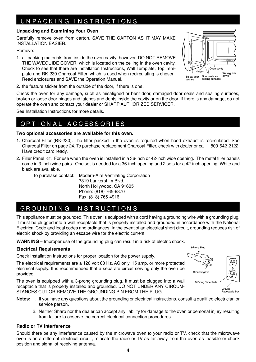 Sharp R-1601, R-1602, R-1600 operation manual P a C K I N G I N S T R U C T I O N S, T I O N a L a C C E S S O R I E S 