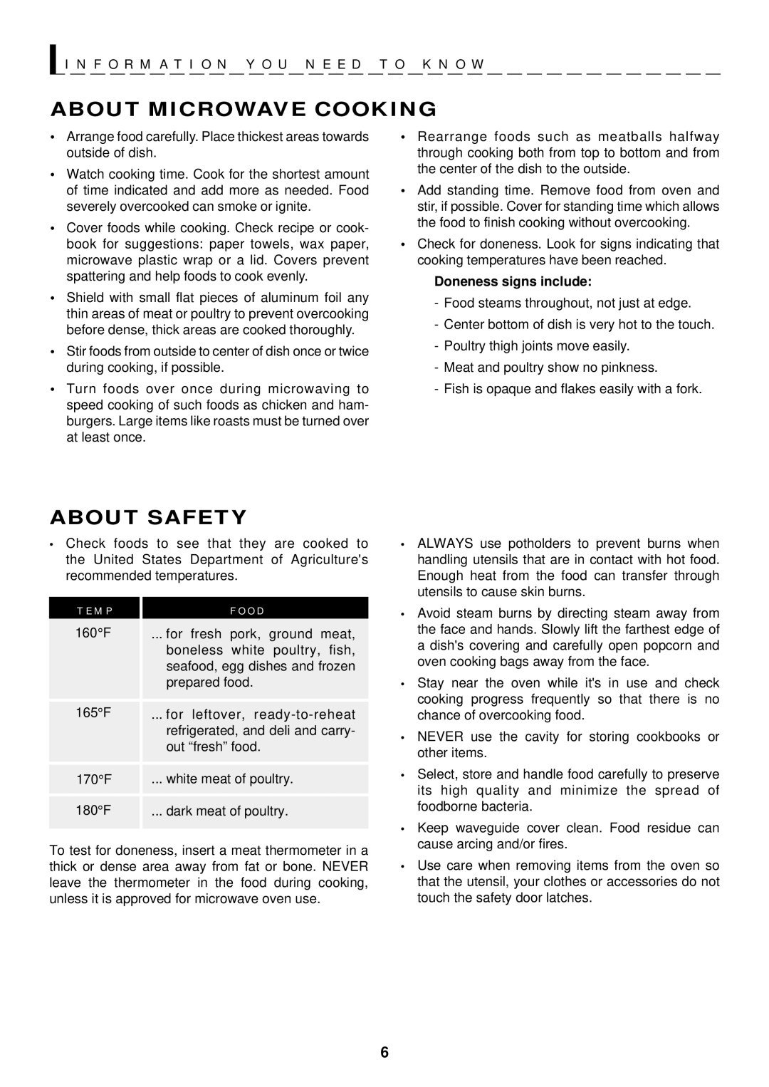 Sharp R-1600, R-1601, R-1602 operation manual About Microwave Cooking, About Safety, M P O D, Doneness signs include 