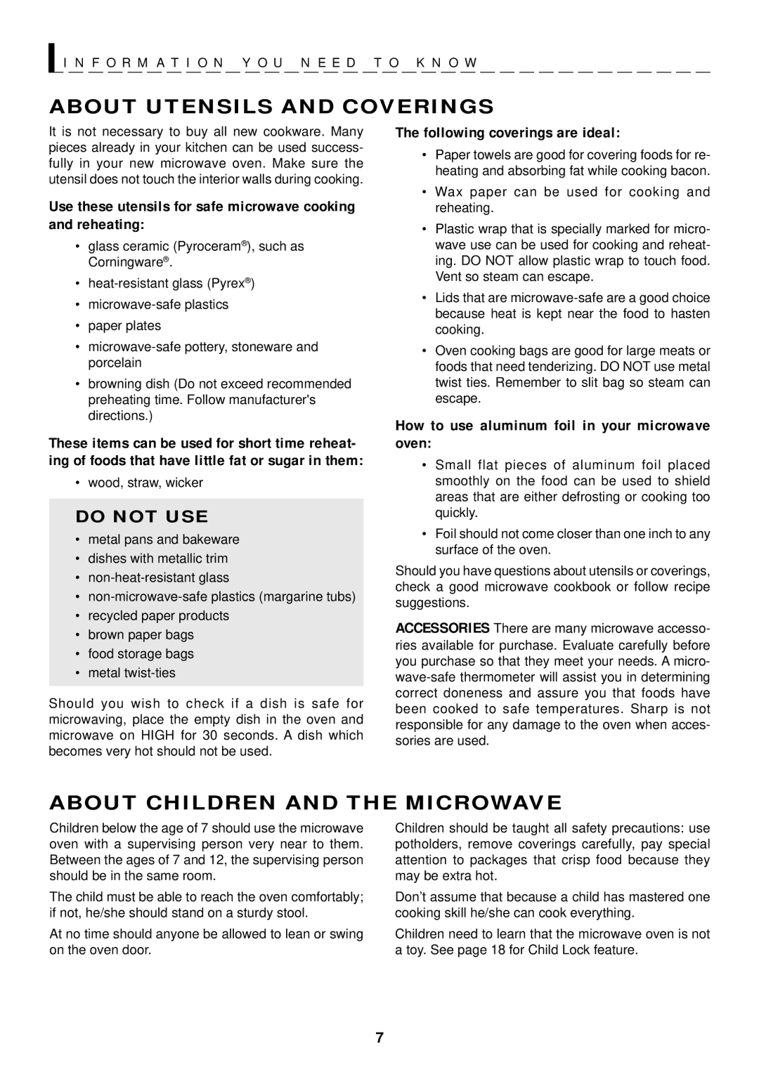 Sharp R-1601, R-1602, R-1600 operation manual About Utensils and Coverings, About Children and the Microwave 