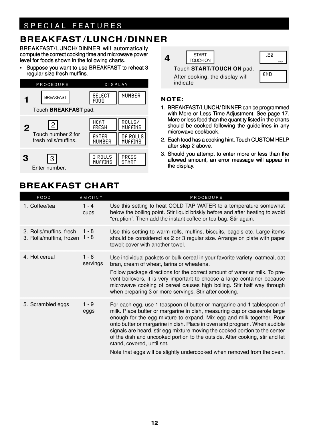 Sharp R-1600, R-1601, R-1602 operation manual S P E C I A L F E A T U R E S, Breakfast/Lunch/Dinner, Breakfast Chart 
