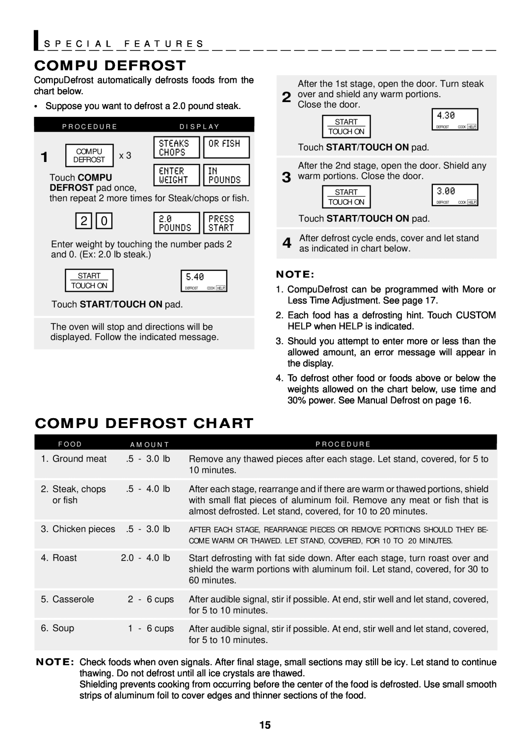 Sharp R-1600, R-1601, R-1602 operation manual Compu Defrost Chart, S P E C I A L F E A T U R E S, A M O U N T 