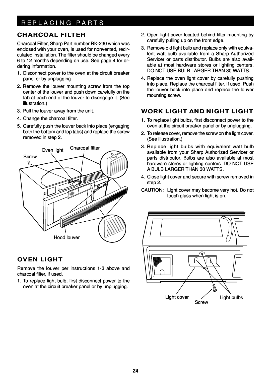 Sharp R-1600, R-1601, R-1602 R E P L A C I N G P A R T S, Charcoal Filter, Work Light And Night Light, Oven Light 