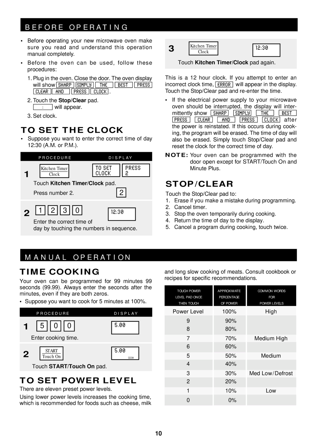 Sharp R-1611, R-1610, R-1612 manual F O R E O P E R a T I N G, To SET the Clock, Stop/Clear, Time Cooking, To SET Power Level 