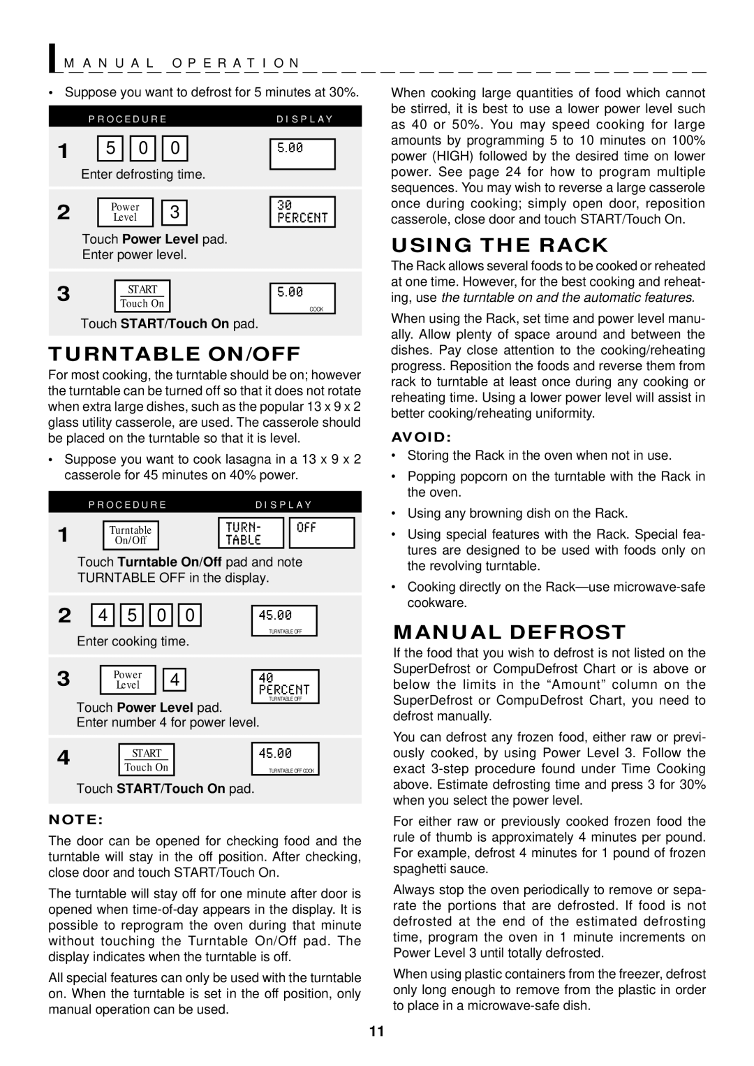 Sharp R-1610, R-1611, R-1612 manual Turntable ON/OFF, Using the Rack, Manual Defrost, Avoid 