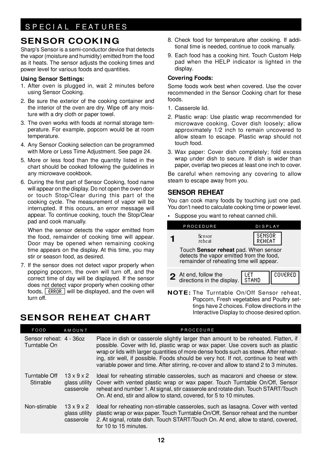 Sharp R-1612, R-1611, R-1610 manual Sensor Cooking, Sensor Reheat Chart 