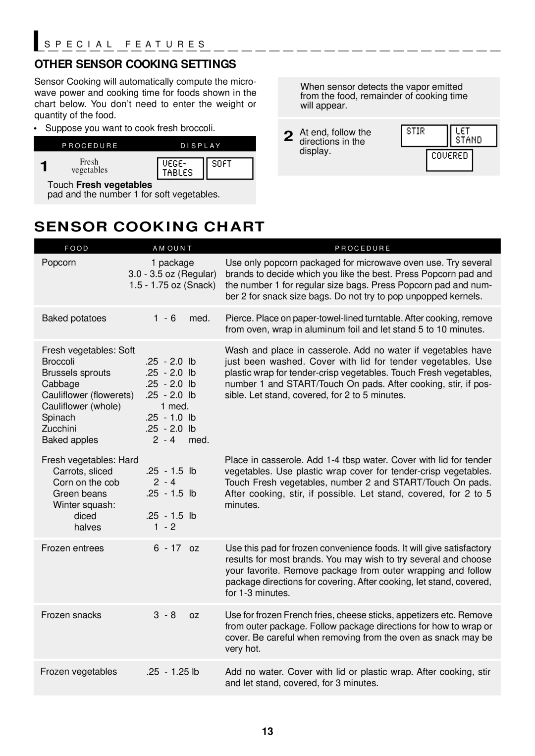 Sharp R-1611, R-1610, R-1612 manual Other Sensor Cooking Settings, Sensor Cooking Chart, Vege Soft, Tables, Let 