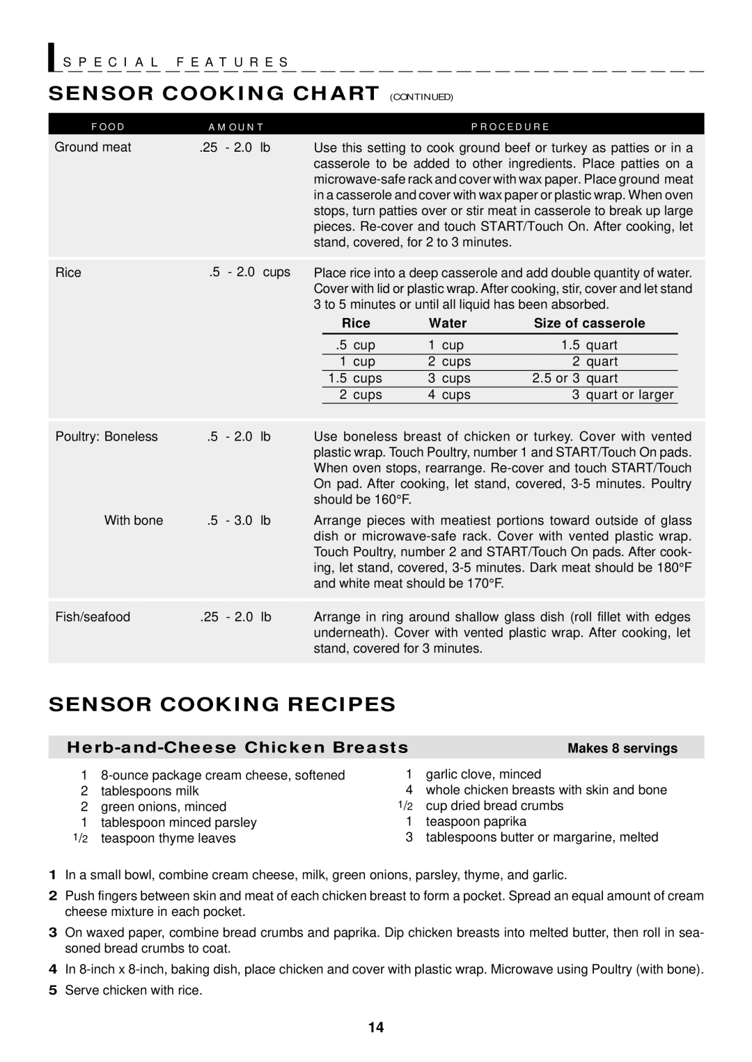 Sharp R-1610, R-1611, R-1612 manual Sensor Cooking Recipes, Rice Water Size of casserole, Makes 8 servings 