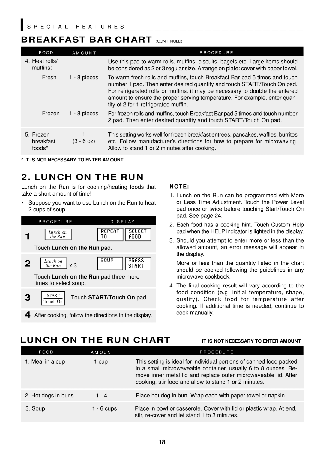 Sharp R-1612 manual Lunch on the RUN Chart, Soup Press, IT is not Necessary to Enter Amount, Touch Lunch on the Run pad 