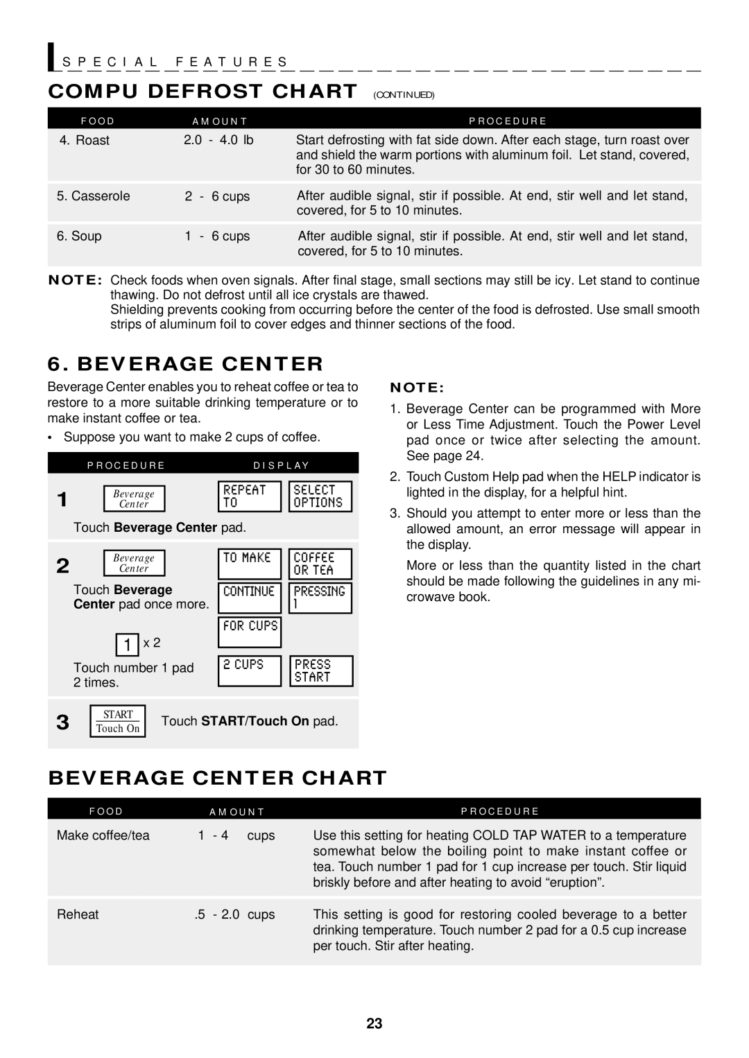 Sharp R-1610, R-1611, R-1612 manual Beverage Center Chart, Repeat Select, To Make, Cups 