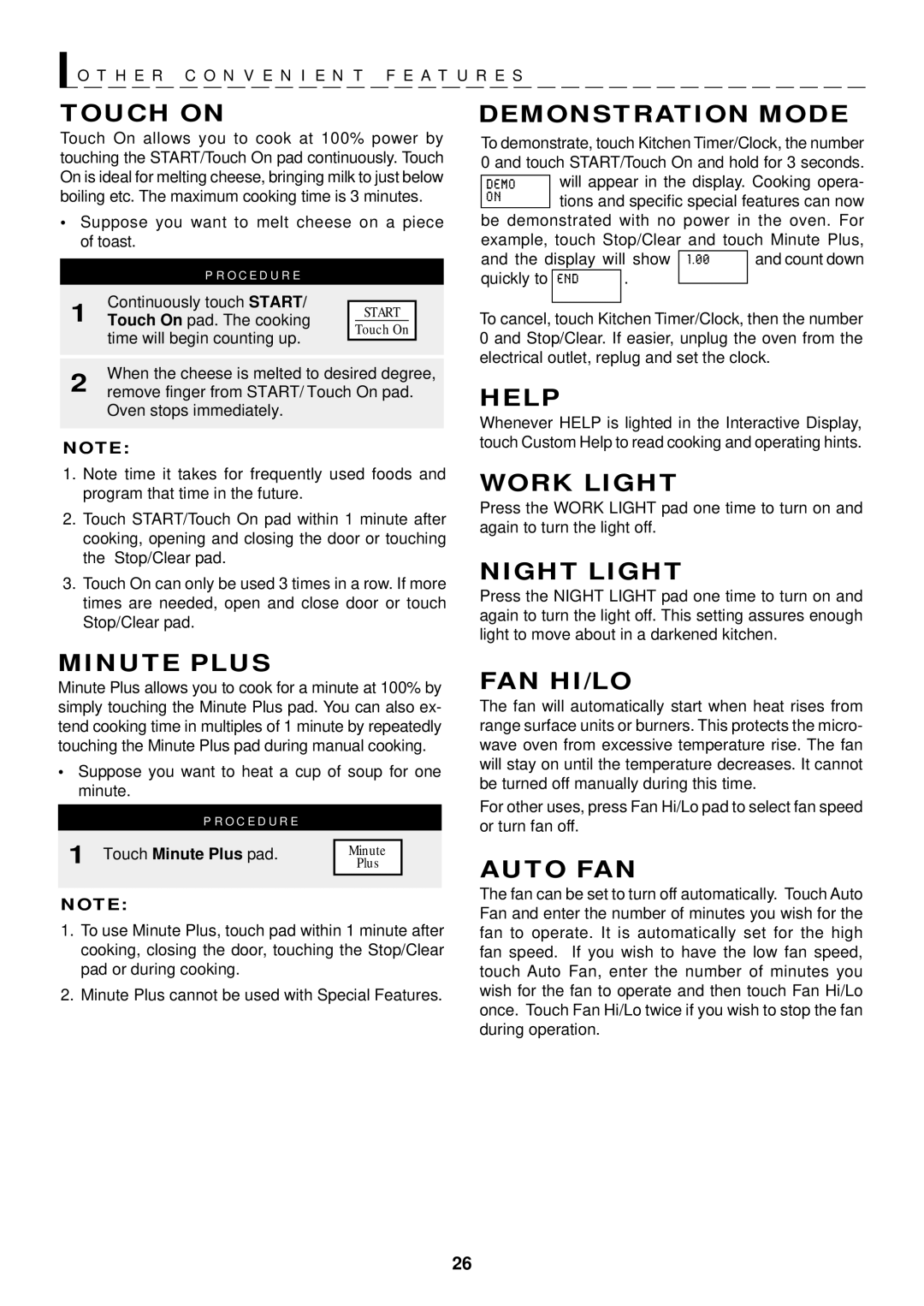 Sharp R-1610, R-1611, R-1612 Touch on, Demonstration Mode, Help, Work Light, Night Light, Minute Plus, Fan Hi/Lo, Auto FAN 