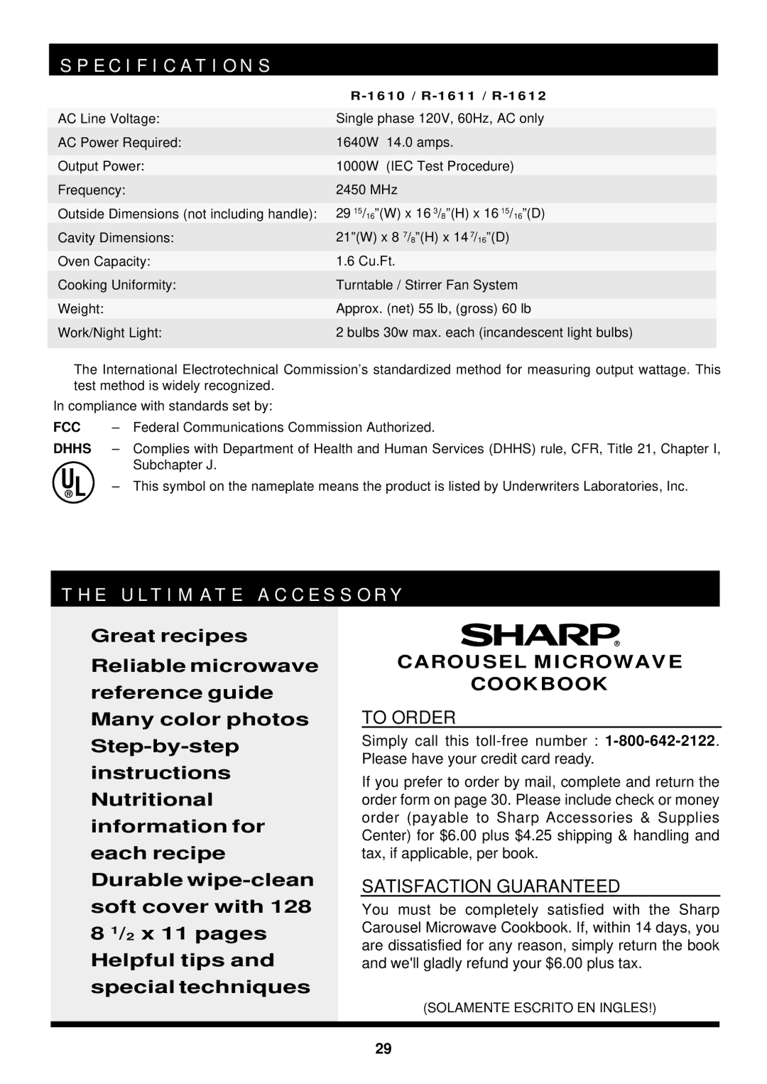 Sharp R-1610, R-1611, R-1612 Specification S, E U L T I M a T E a C C E S S O R Y, Fcc, Dhhs, Solamente Escrito EN Ingles 