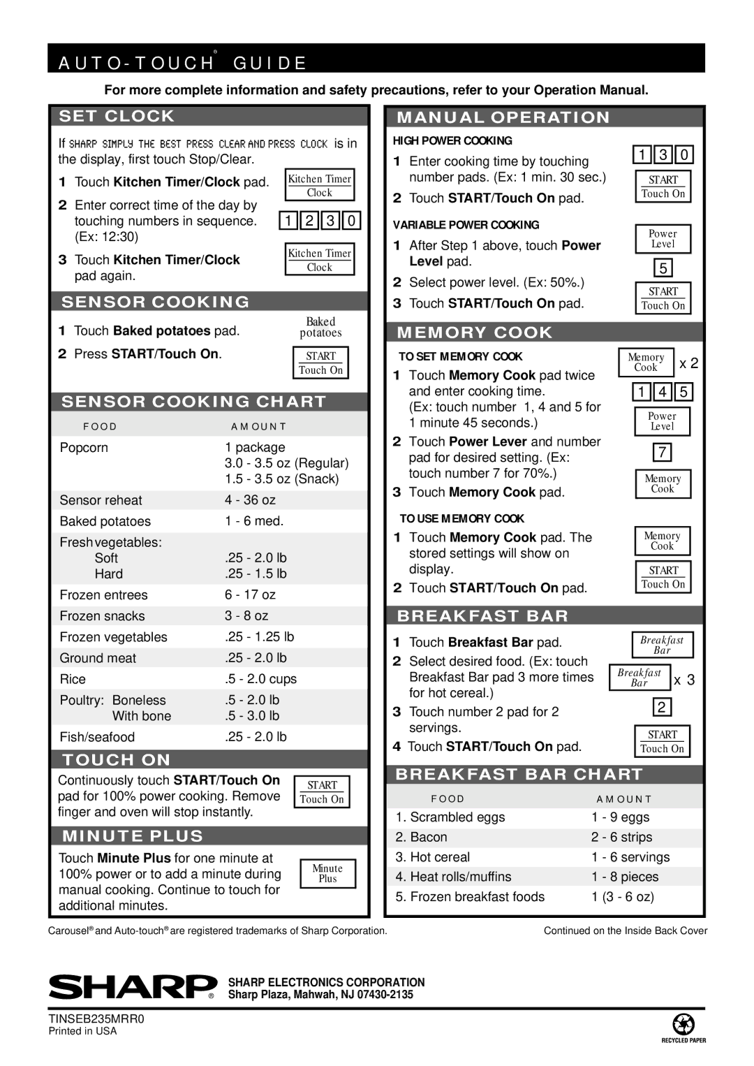 Sharp R-1611, R-1610, R-1612 manual High Power Cooking, Variable Power Cooking, To SET Memory Cook, To USE Memory Cook 