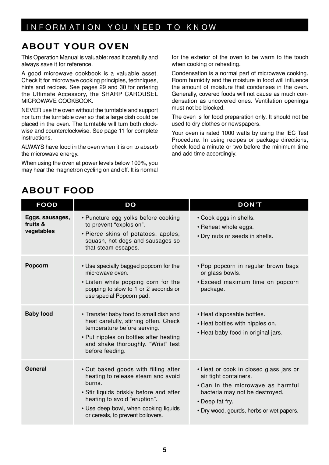 Sharp R-1610, R-1611, R-1612 manual About Your Oven, About Food 