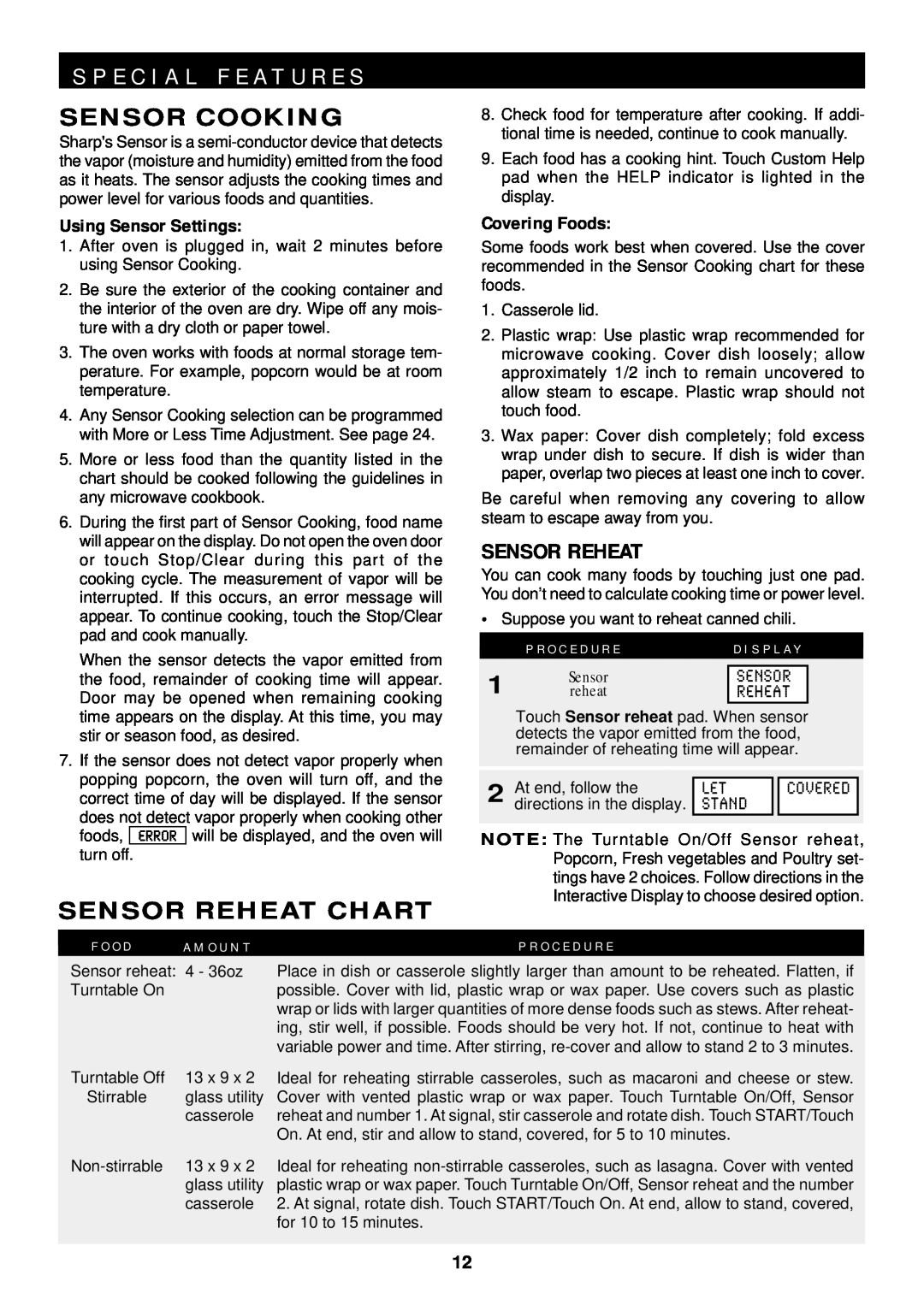 Sharp R-1612 Sensor Cooking, Sensor Reheat Chart, P R O C E D U R E, Using Sensor Settings, Covering Foods, D I S P L A Y 
