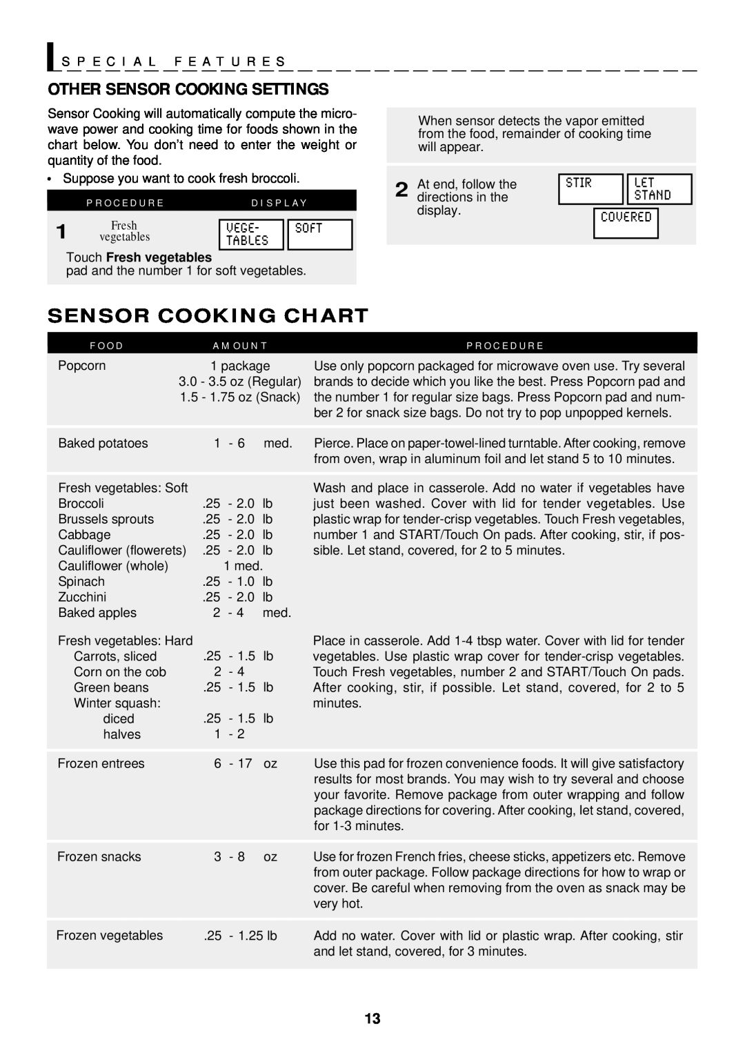Sharp R-1611 S P E C I A L F E A T U R E S, Other Sensor Cooking Settings, Sensor Cooking Chart, A M O U N T, F O O D 