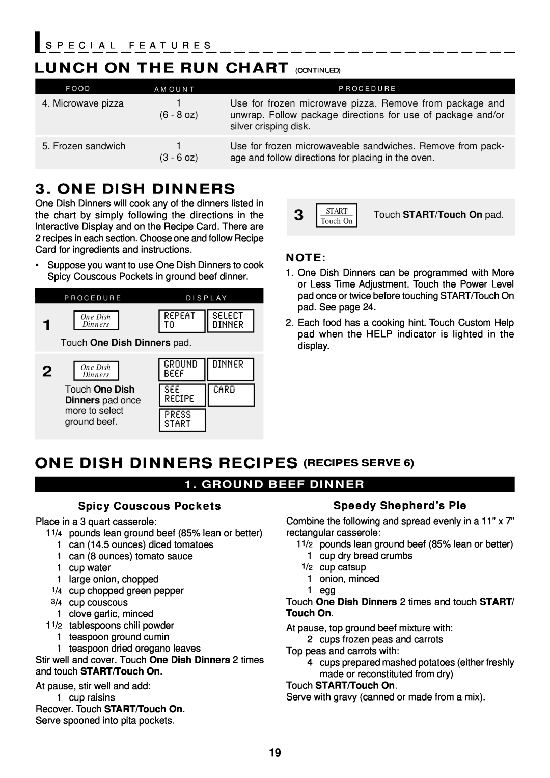 Sharp R-1611 Lunch On The Run Chart Continued, One Dish Dinners Recipes Recipes Serve, S P E C I A L F E A T U R E S 