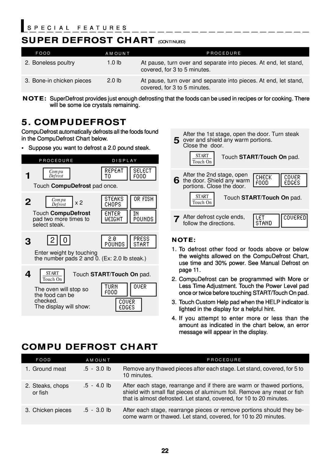 Sharp R-1611 Super Defrost Chart Continued, Compudefrost, Compu Defrost Chart, S P E C I A L F E A T U R E S, F O O D 