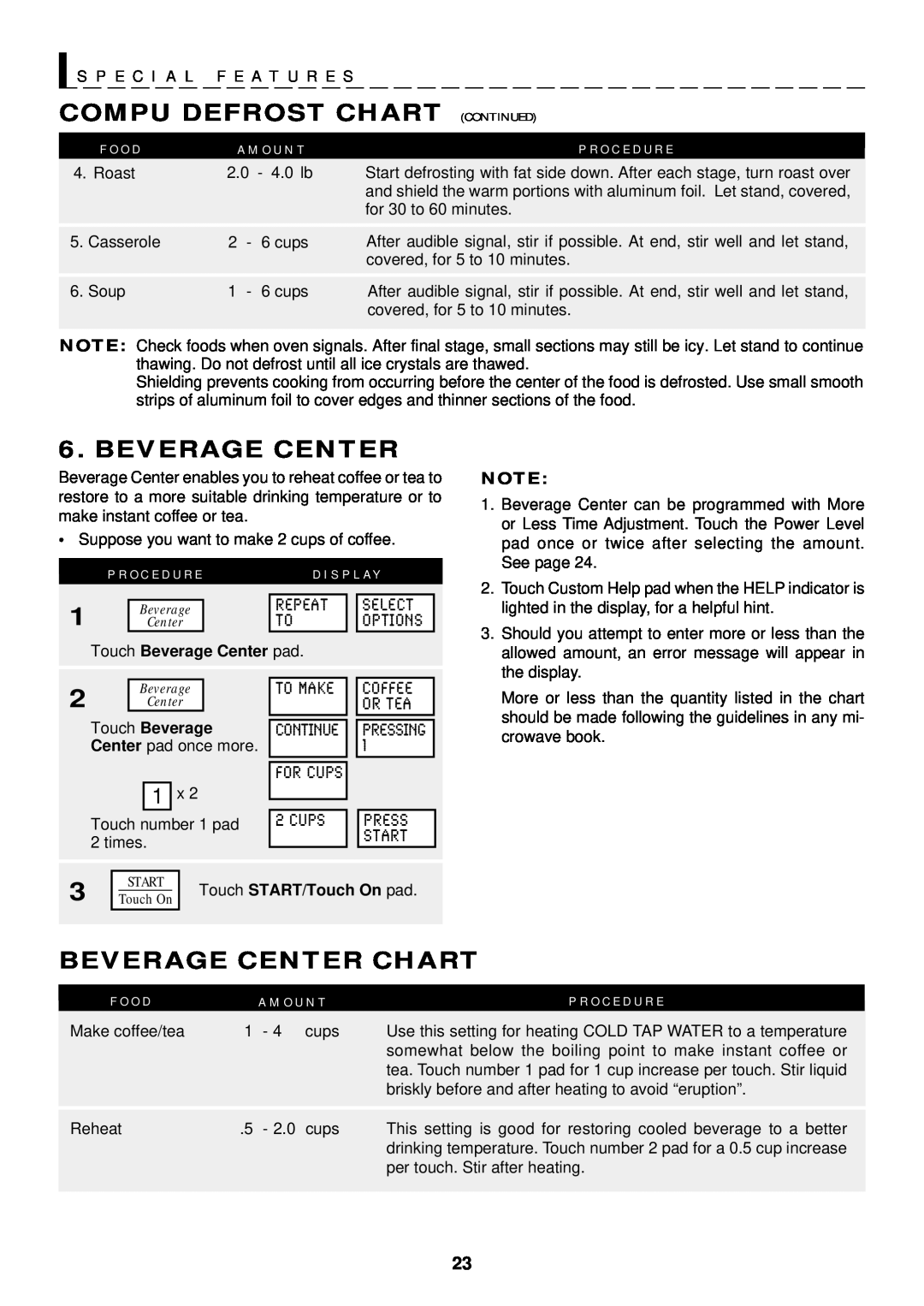 Sharp R-1610 Compu Defrost Chart Continued, Beverage Center Chart, S P E C I A L F E A T U R E S, F O O D, A M O U N T 