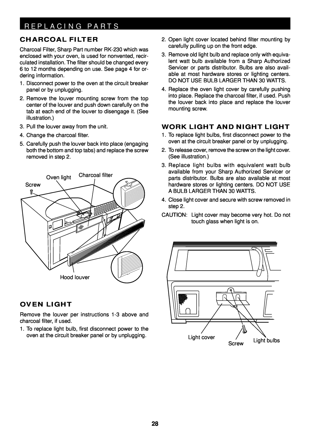Sharp R-1611, R-1610, R-1612 manual R E P L A C I N G P A R T S, Charcoal Filter, Work Light And Night Light, Oven Light 