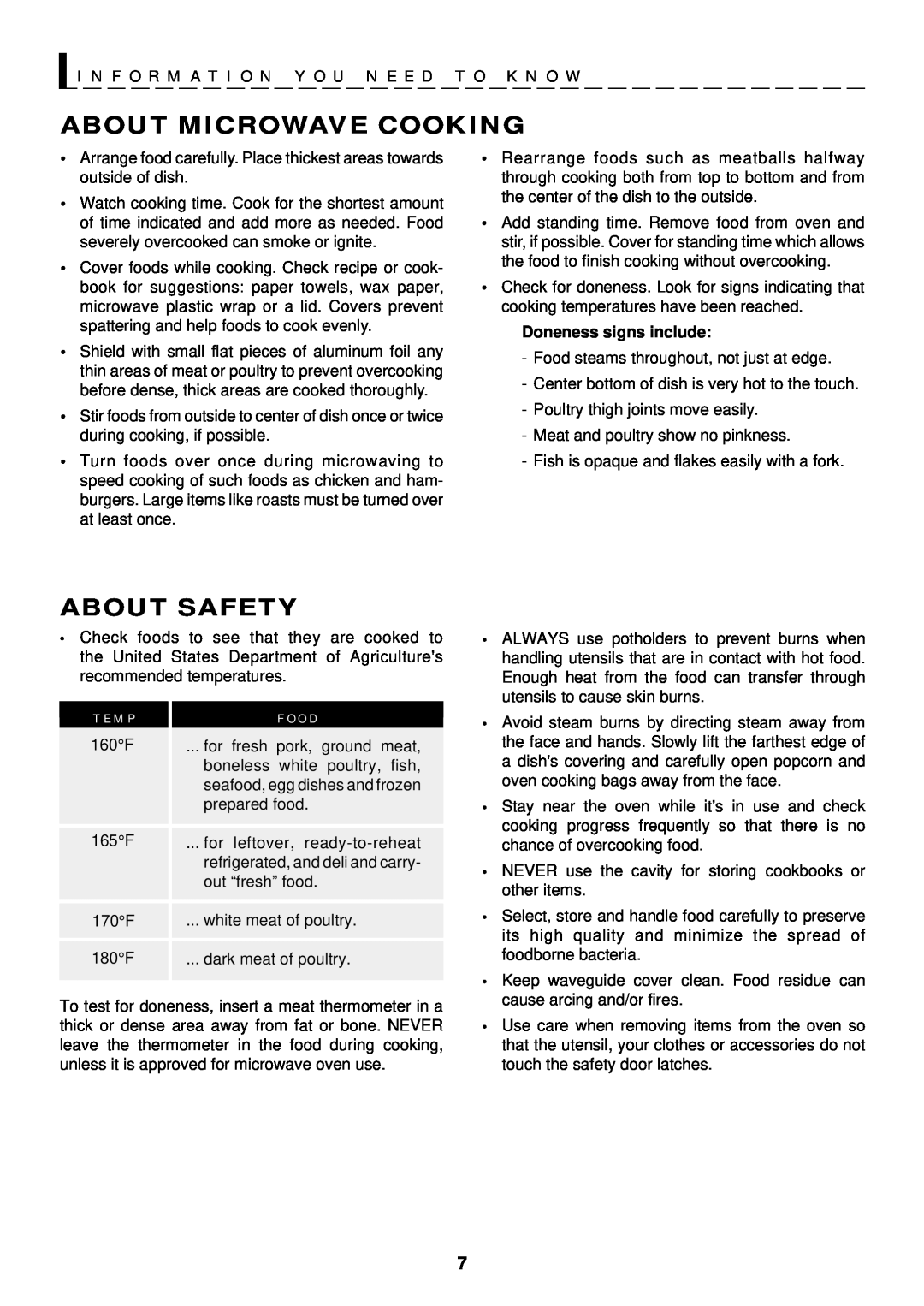 Sharp R-1611 About Microwave Cooking, About Safety, T E M P, F O O D, I N F O R M A T I O N Y O U N E E D T O K N O W 