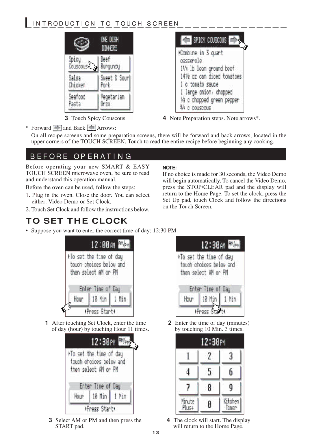 Sharp R-1750, R-1754, R-1751, R-1752 manual T R O D U C T I O N T O T O U C H S C R E E N, To SET the Clock 