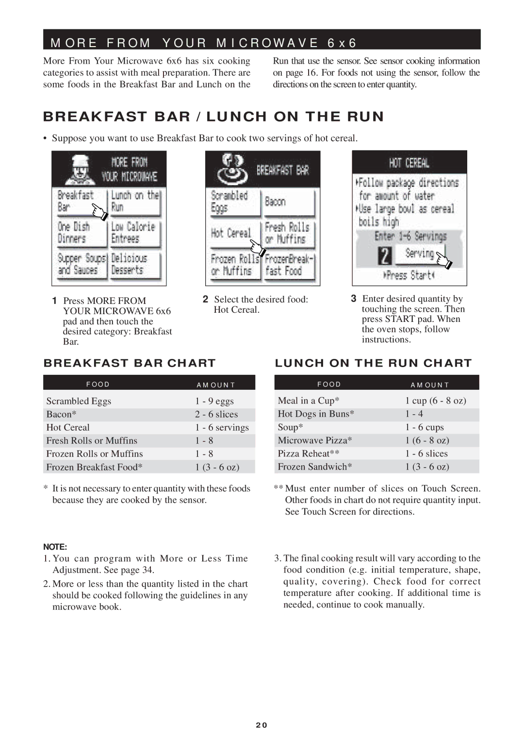 Sharp R-1754, R-1750, R-1751, R-1752 manual Breakfast BAR / Lunch on the RUN, Breakfast BAR Chart, Lunch on the RUN Chart 