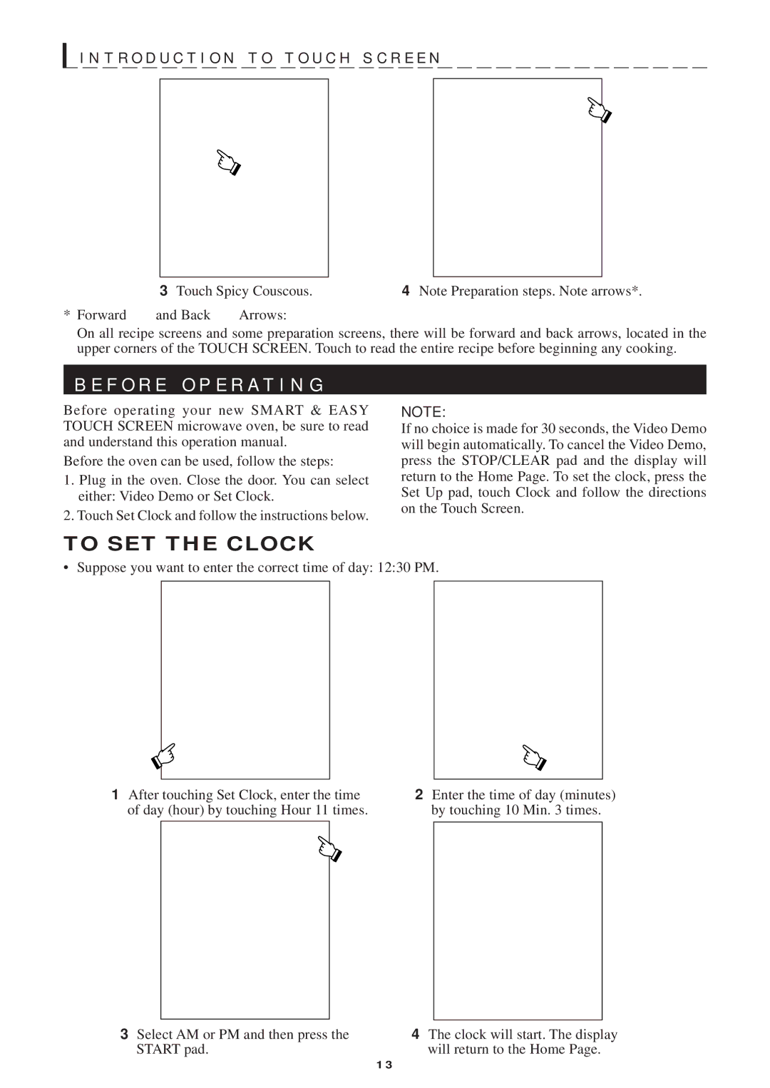 Sharp R-1750, R-1754, R-1751, R-1752 manual T R O D U C T I O N T O T O U C H S C R E E N, To SET the Clock 