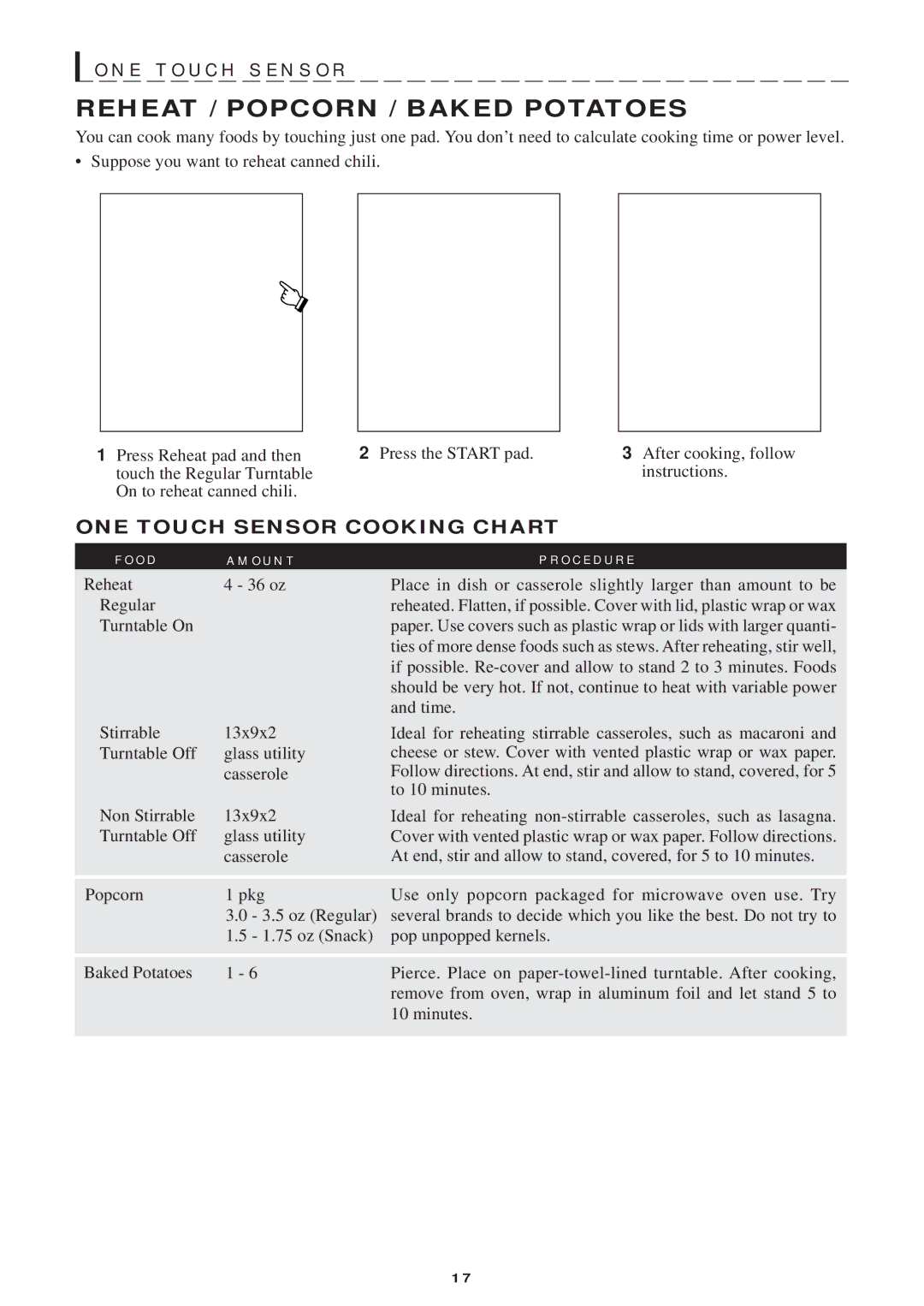 Sharp R-1750, R-1754, R-1751 E T O U C H S E N S O R, Reheat / Popcorn / Baked Potatoes, ONE Touch Sensor Cooking Chart 