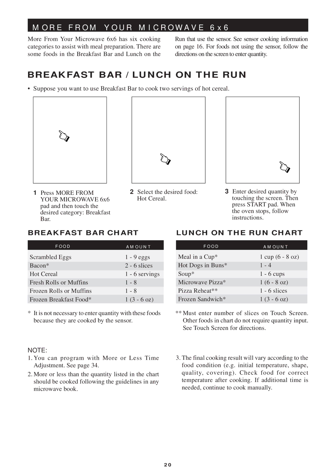 Sharp R-1754, R-1750, R-1751, R-1752 manual Breakfast BAR / Lunch on the RUN, Breakfast BAR Chart, Lunch on the RUN Chart 