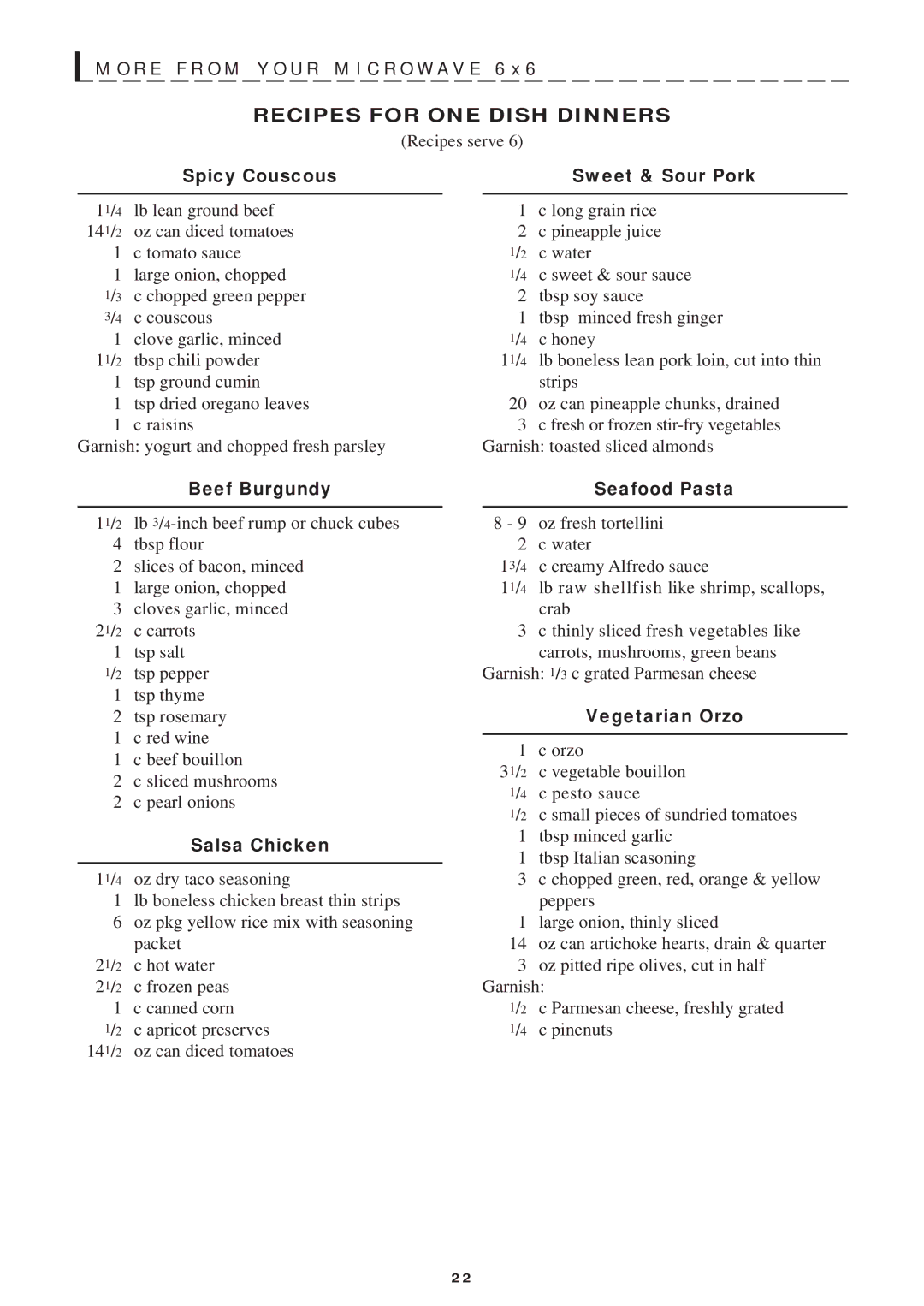 Sharp R-1751, R-1754, R-1750, R-1752 manual Recipes for ONE Dish Dinners 