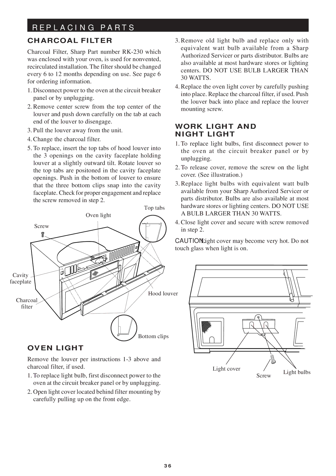 Sharp R-1754, R-1750, R-1751, R-1752 manual P L a C I N G P a R T S, Charcoal Filter, Work Light Night Light, Oven Light 