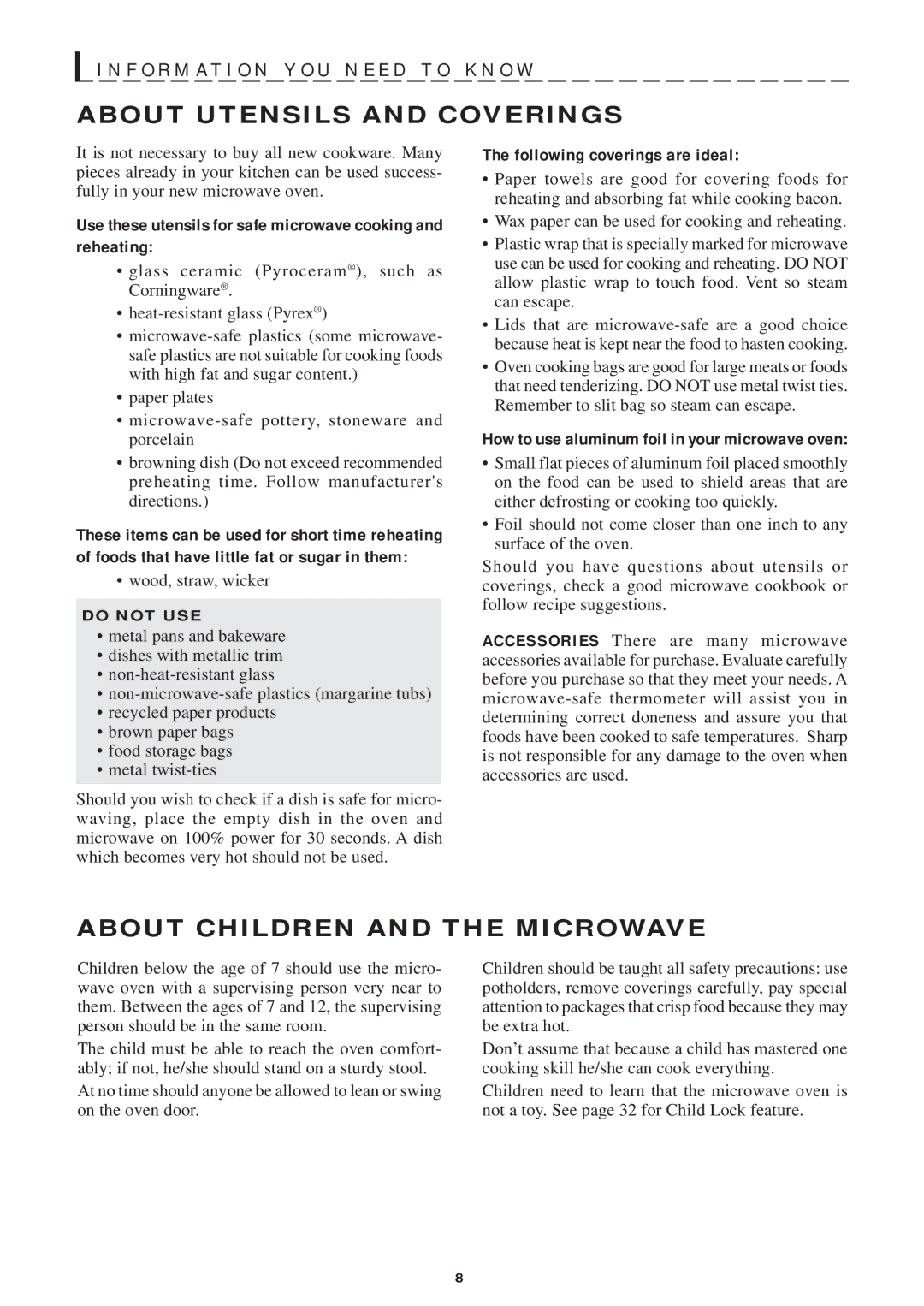 Sharp R-1754 F O R M a T I O N Y O U N E E D T O K N O W, About Utensils and Coverings, About Children and the Microwave 