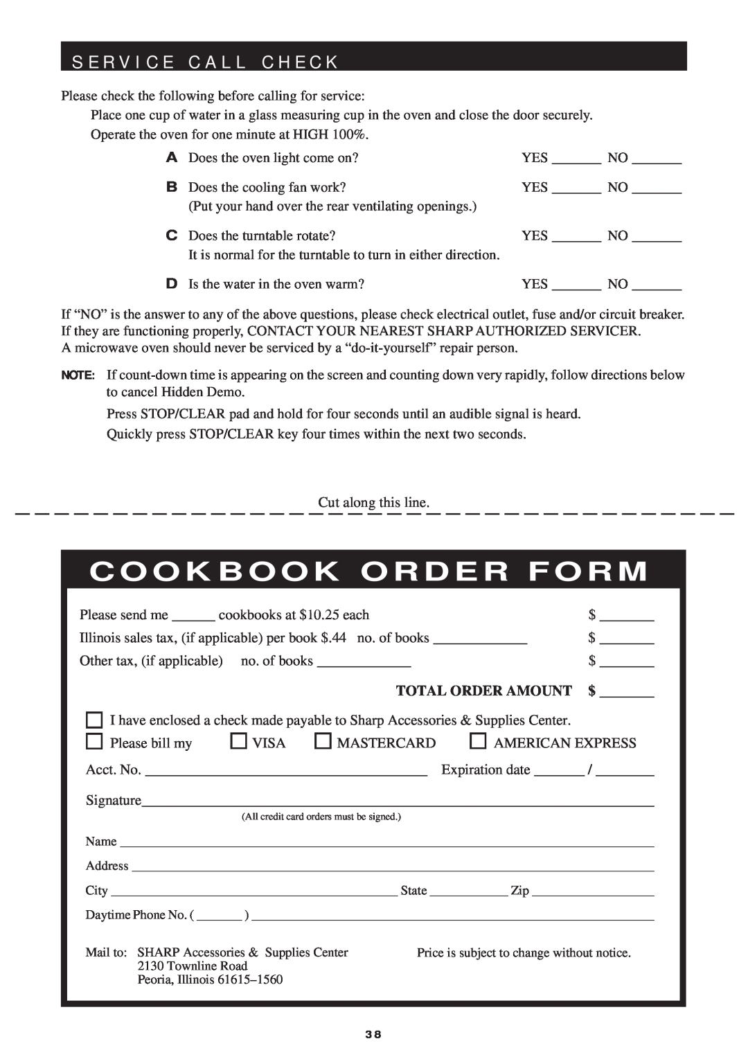 Sharp R-1751, R-1754, R-1750, R-1752 manual S E R V I C E C A L L C H E C K, Cookbook Order Form 