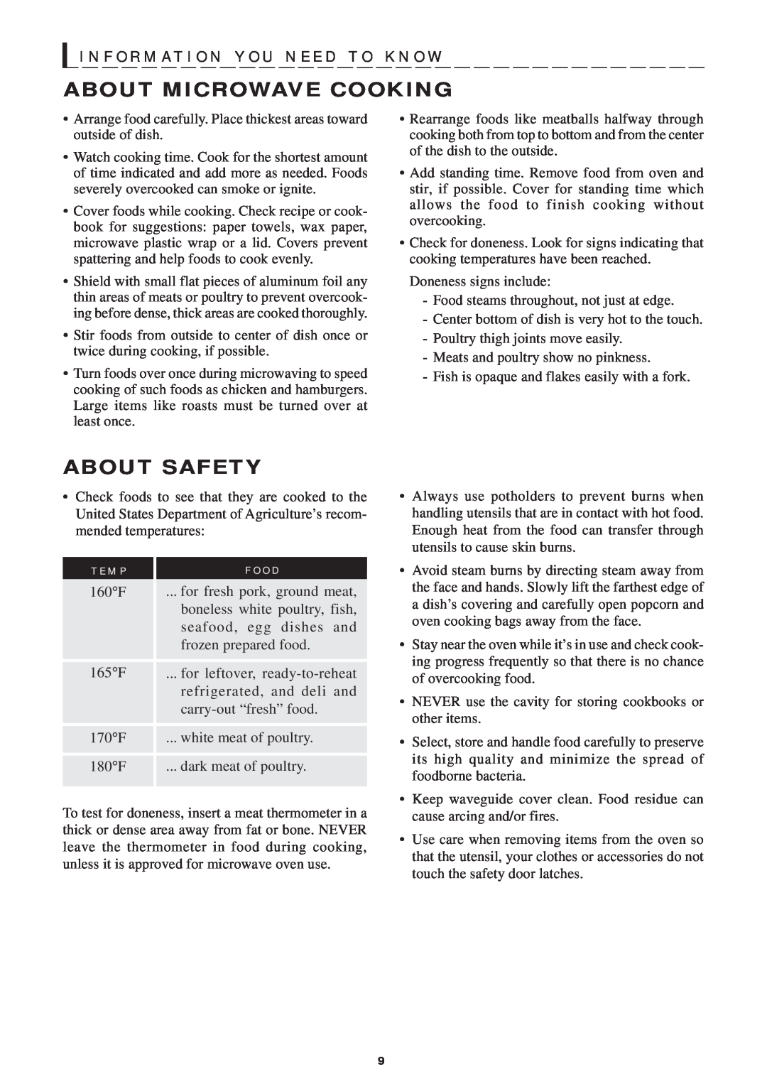 Sharp R-1750 manual About Microwave Cooking, About Safety, T E M P, I N F O R M At I O N Y O U N E E D T O K N O W, F O O D 